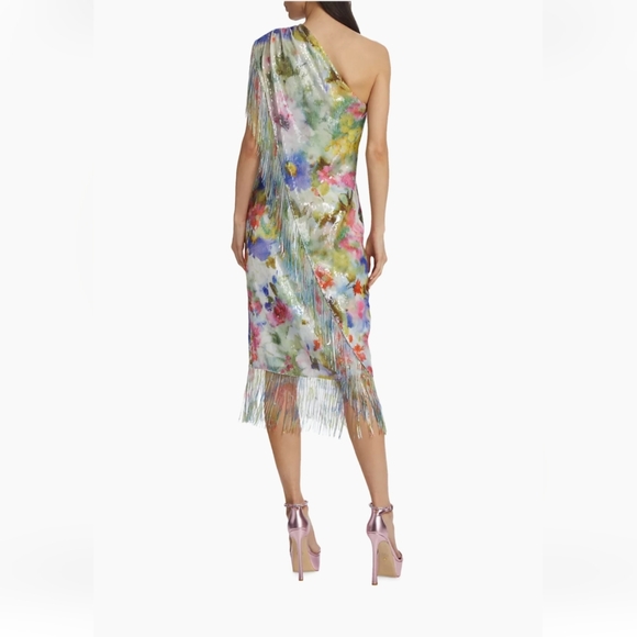 BADGLEY MISCHKA Green Multi Fringe Sequin Floral One Shoulder Dress - Picture 10 of 17